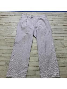 Paul Frederick Pants Mens 36 Blue/White Seersucker Pleated Cuffed 36x29